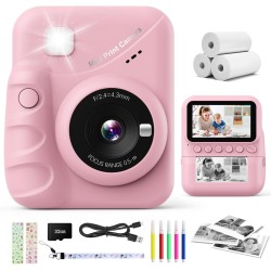 CalineGam Sofortbildkamera Kinder, 3,0 Zoll Bildschirm 48MP Kinderkamera Sofortbildkamera mit 32 GB-Karte, 1080P HD Kamera Kinder Sofortdruck, Geschenk für 3-12 Jungen und Mädchen (Rosa)