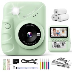 CalineGam Sofortbildkamera Kinder, 3,0 Zoll Bildschirm 48MP Kinderkamera Sofortbildkamera mit 32 GB-Karte, 1080P HD Kamera Kinder Sofortdruck, Geschenk für 3-12 Jungen und Mädchen (Grün)