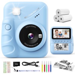 CalineGam Sofortbildkamera Kinder, 3,0 Zoll Bildschirm 48MP Kinderkamera Sofortbildkamera mit 32 GB-Karte, 1080P HD Kamera Kinder Sofortdruck, Geschenk für 3-12 Jungen und Mädchen (Blau)
