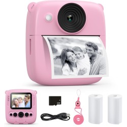 CalineGam Kinderkamera Sofortbildkamera, 48MP Sofortbildkamera Kinder mit 32GB Karte & Druckpapier, 1080P Digitalkamera Kinder, Geschenke für Jungen und Mädchen 3-12 Jahre (Rosa)